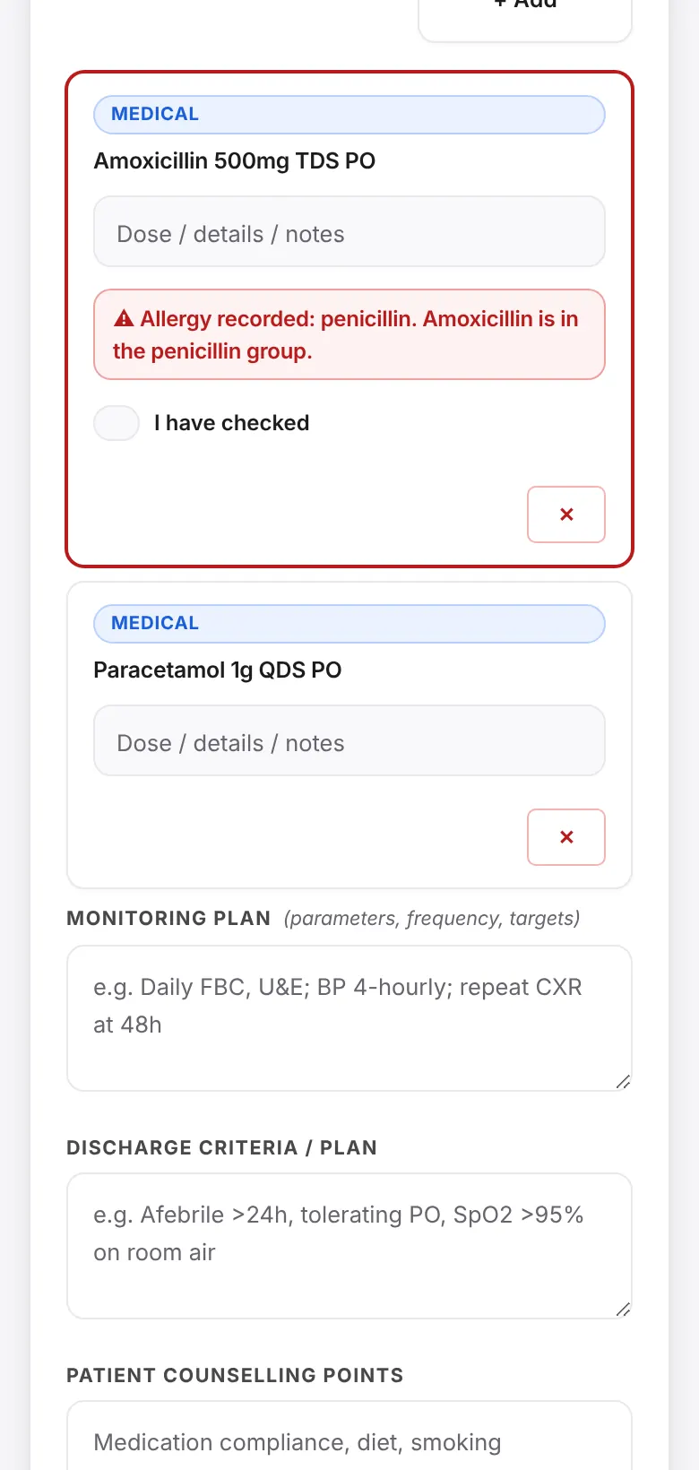 A red warning under amoxicillin: allergy recorded, penicillin group, with an I have checked switch.