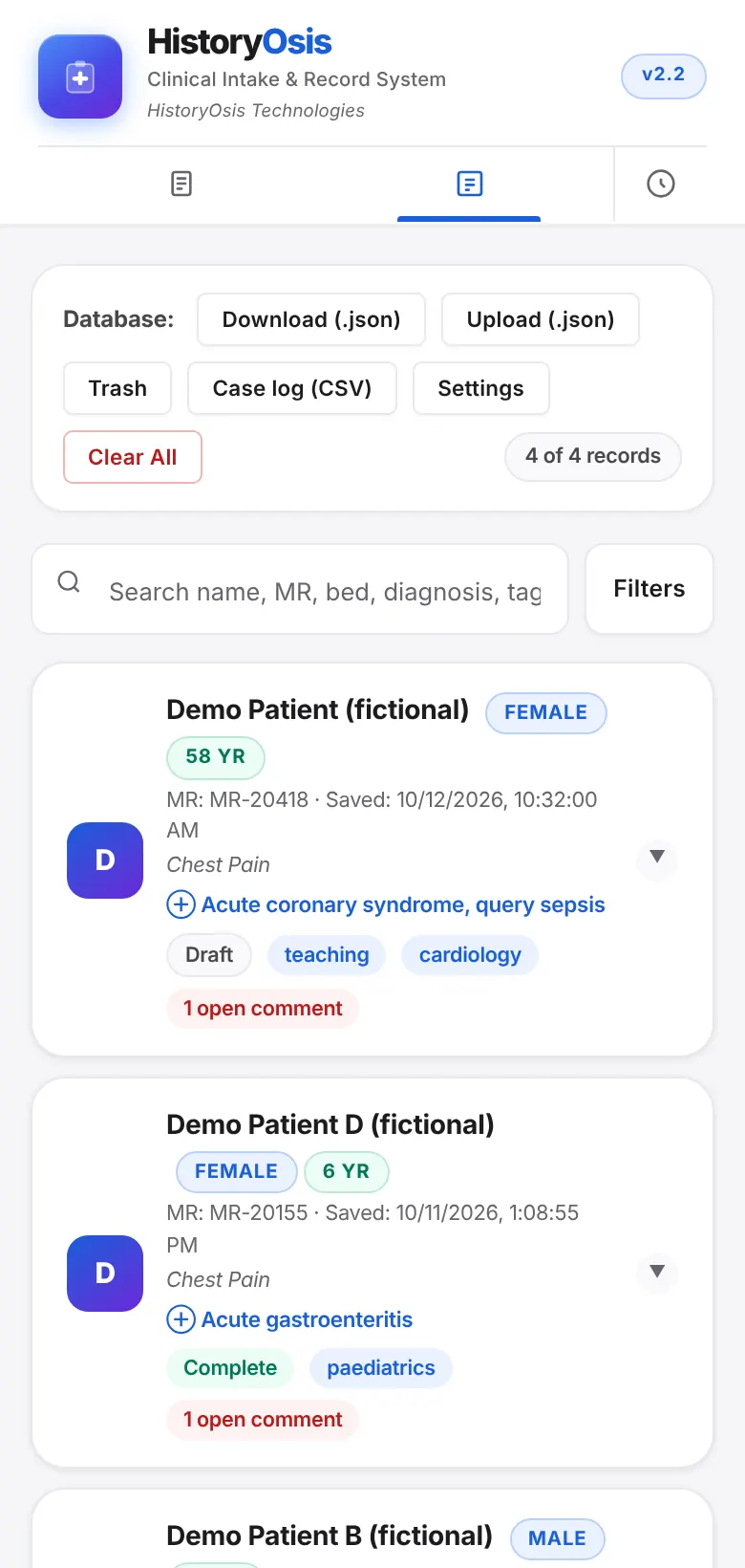 The Records list with search, filters, and patient cards showing status and tags.