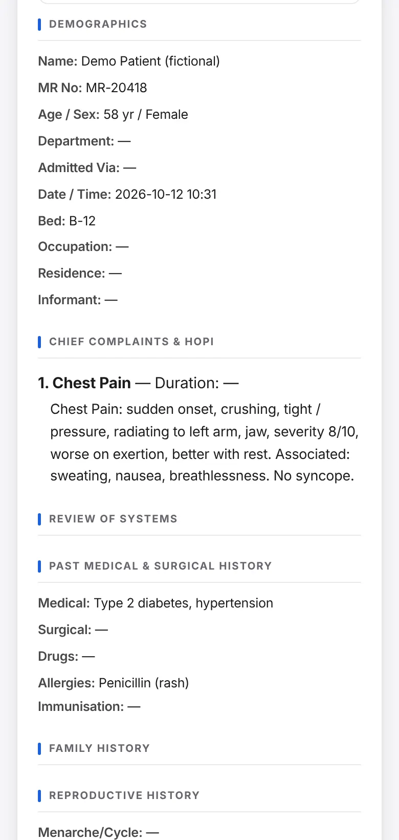 The written summary view, listing demographics and the chief complaint written out as a sentence.