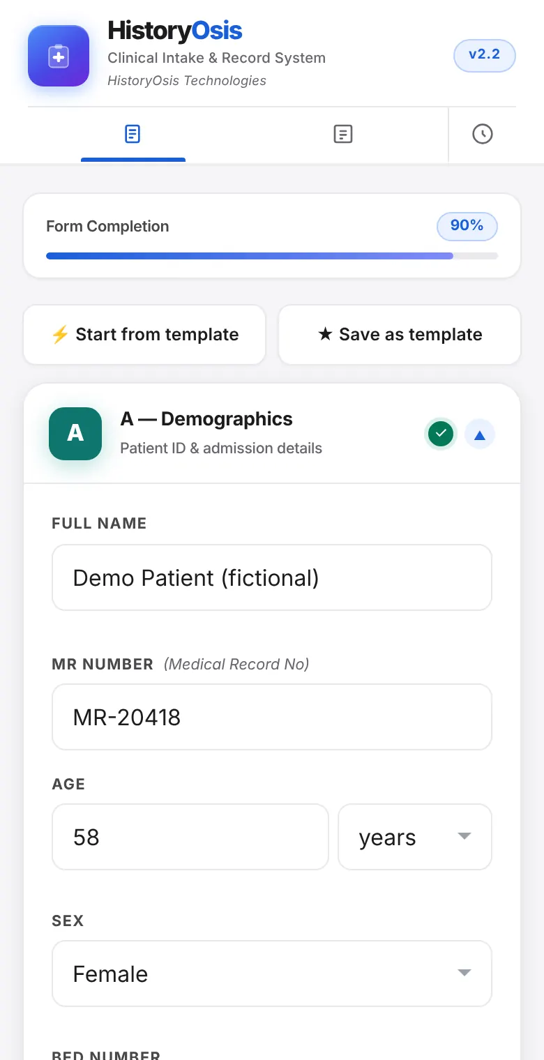 The top of the app with the form completion bar and the Start from template button.